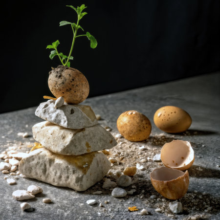 A small plant sprouting from an eggshell balanced on stacked stones.の素材