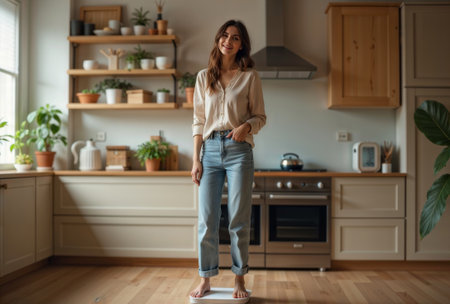 Woman standing on a digital scale in a modern kitchen.の素材