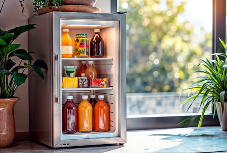 Open compact mini refrigerator filled with drinks and food by a window.の素材