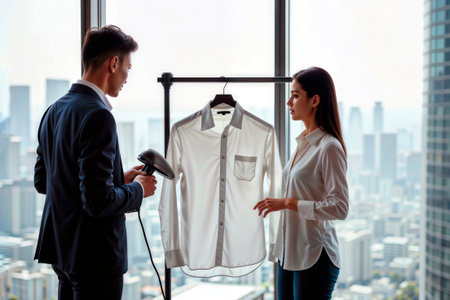Man and woman steaming a white shirt with a handheld steamer in a modern high-rise.の素材
