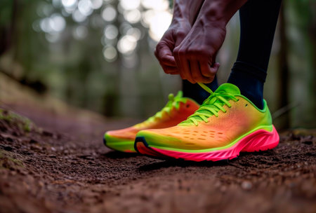 Person typing laces on colorful running shoes on a forest trail.の素材