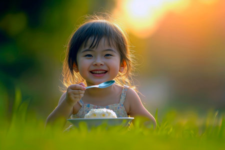 Happy young girl eating a snack outdoors at sunset.の素材