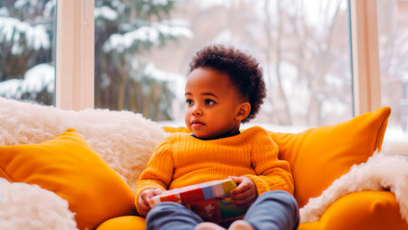 A young child in a yellow sweater sits on a couch indoors by a snowy window.の素材