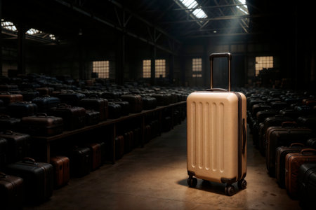 Modern suitcase stands spotlighted in a warehouse of luggage.の素材