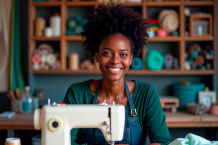 A Black woman smiling at the camera, sitting at a sewing machine in a workshop.の素材