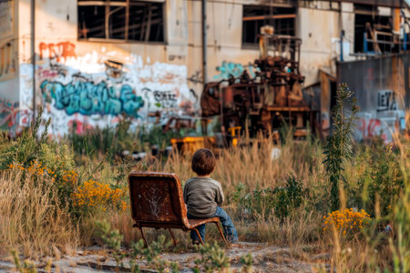 A young boy sits alone on a rusty chair in an overgrown, abandoned industrial area.の素材