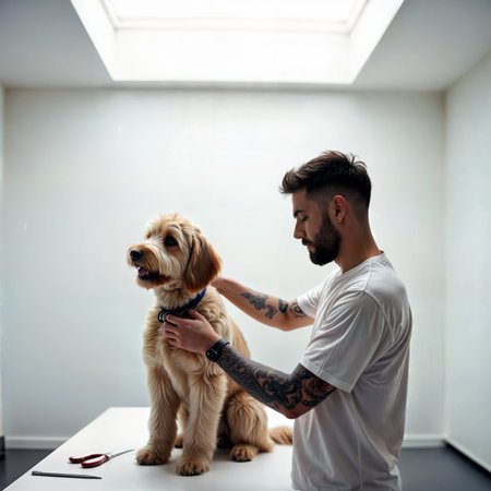 Male groomer with tattoos grooming a fluffy dog on a table in a salon.の素材