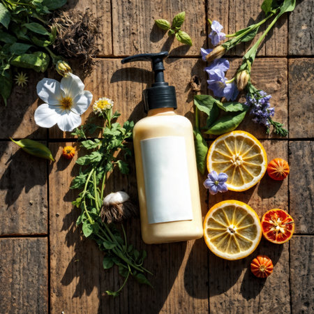 Lotion pump bottle with herbs, flowers, and dried citrus on a wood background.の素材