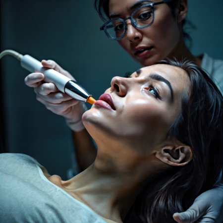 Woman receiving a cosmetic lip treatment from a beautician.の素材