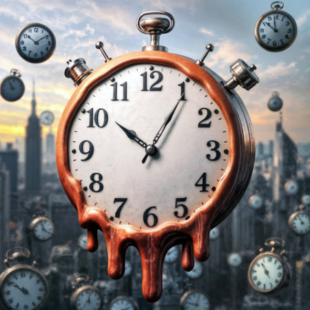 Surreal melting clock dripping over a cityscape at sunset.の素材