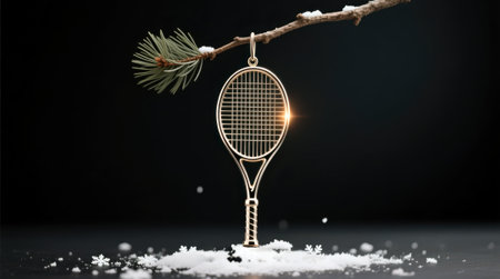 Golden tennis racket ornament hanging from a snowy pine branch.の素材