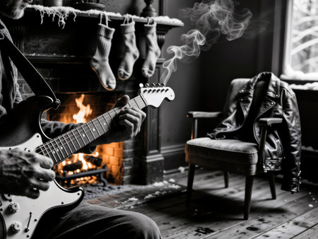 Musician playing electric guitar by a fireplace in a cozy room at Christmas.の素材