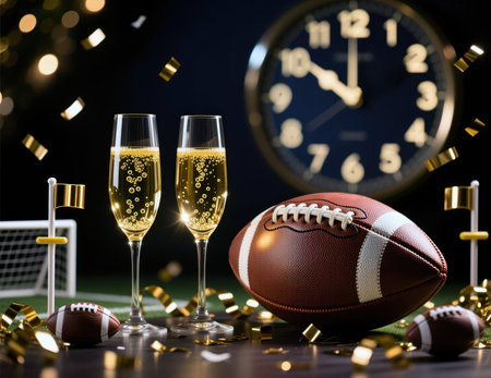 Football and champagne glasses for a New Year's Eve party celebration.の素材