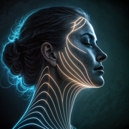 Woman with glowing lines on her face representing cosmetic technology or data.の素材