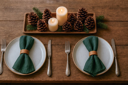 Rustic holiday table setting with candles and pinecone centerpiece for two.の素材