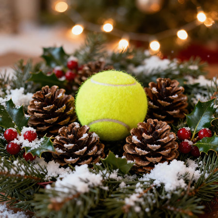 Close-up of a tennis ball in a Christmas wreath with pinecones and holly.の素材