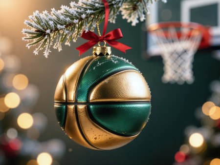 Basketball christmas ornament with a red ribbon hanging on a snow-dusted branch.の素材
