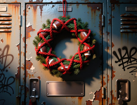 Christmas wreath with footballs hanging on a rustic, weathered locker door.の素材