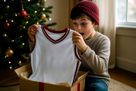 Surprised boy opening a basketball jersey gift on Christmas morning.の素材