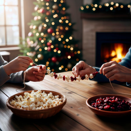 Two people make popcorn and cranberry garland by a Christmas tree.の素材