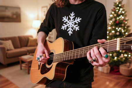 Man playing an acoustic guitar in a living room with a Christmas tree.の素材
