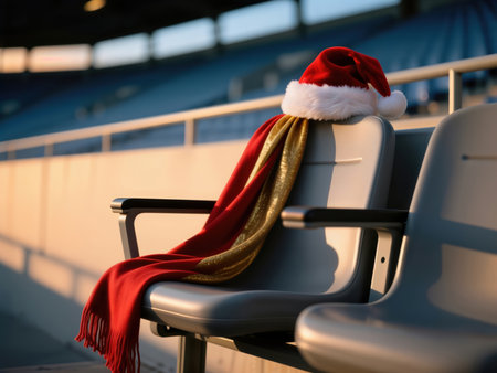 Santa hat and scarf draped on empty stadium seat at sunset.の素材