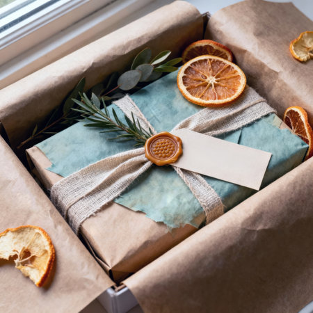 Gift with eco-friendly wrapping, wax seal, and dried oranges in a box.の素材