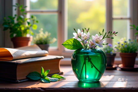 Flowers in a green glass vase with an old book by a sunlit window.の素材