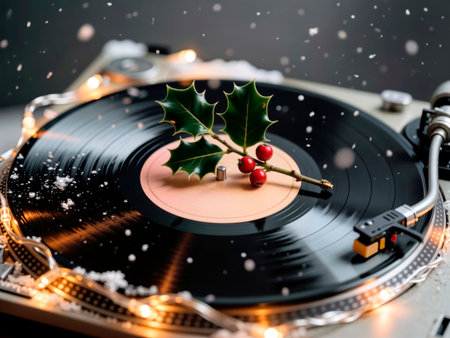 Holly sprig on a vinyl record with Christmas lights and snow.の素材
