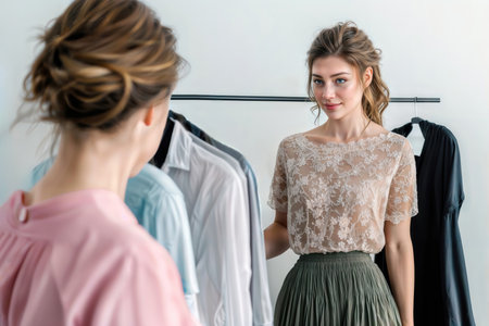 Two women choosing outfits from a clothing rack in a closet or boutique.の素材