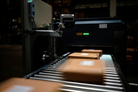 Parcels on automated conveyor belt scanned by sensor in logistics facility.の素材