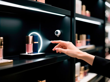 Hand with finger pointing at cosmetics on an interactive smart retail shelf.の素材