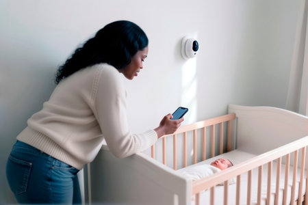 Mother checks baby monitor app with newborn sleeping in a crib.の素材