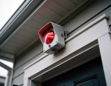 Outdoor security alarm with a red warning light on a building exterior.の素材
