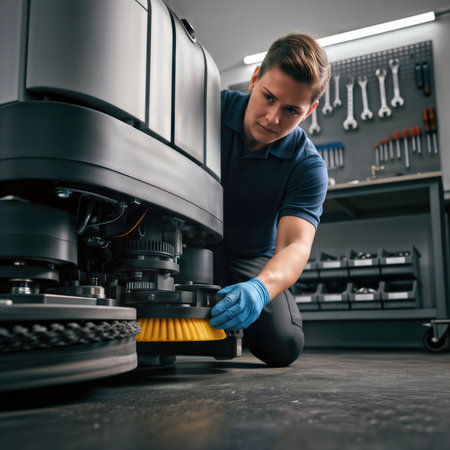 Technician servicing industrial floor scrubber brush in a maintenance workshop.の素材