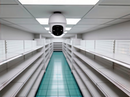 Ceiling mounted surveillance camera in empty retail store aisle with shelves.の素材