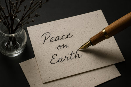 Fountain pen writing Peace on Earth on handmade paper.の素材