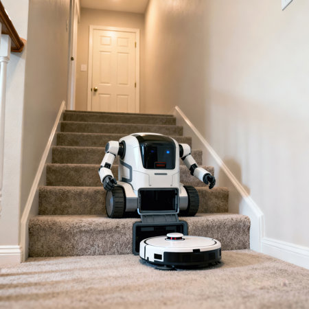 Household assistant robot deploying a robotic vacuum cleaner on stairs at home.の素材