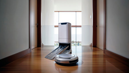 Robotic vacuum cleaner at its self-emptying charging station in a hallway.の素材