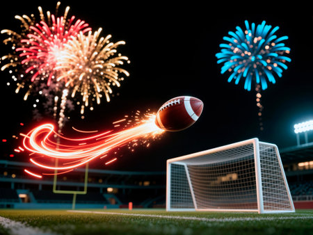 American football with a light trail flying towards a soccer goal with fireworks.の素材