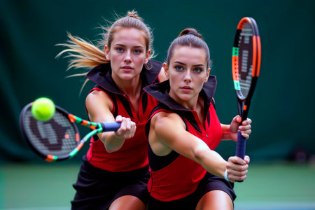 Two female tennis players in red and black competing in a doubles match.の素材