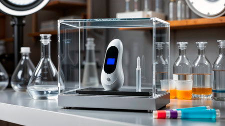 Medical device in a display case on a laboratory bench with glassware.の素材