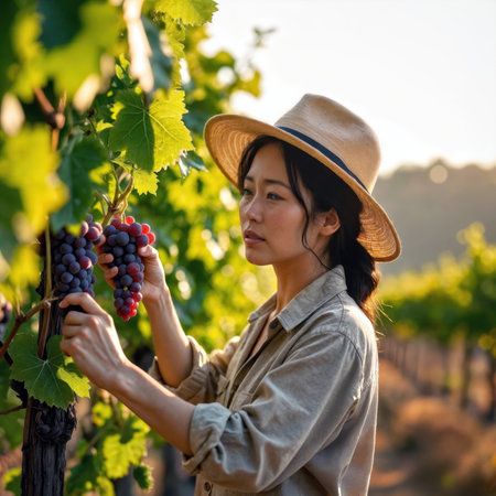Asian woman in a straw hat carefully inspecting a cluster of ripe red grapes.の素材