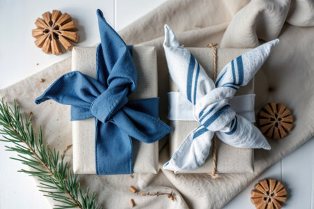 Two sustainable Christmas gifts wrapped in fabric with pine and dried fruit.の素材