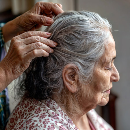 An elderly woman with gray hair receives gentle care from a caregiver's hands.の素材