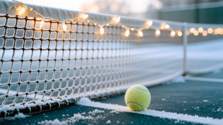 Tennis ball on a frozen court with snow and festive Christmas lights on the net.の素材