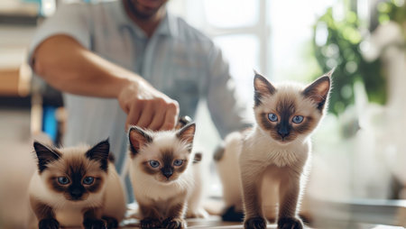 Three adorable Siamese kittens on a table with a person in the background.の素材