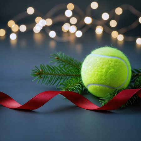 Tennis ball with a red ribbon and fir branch for Christmas.の素材