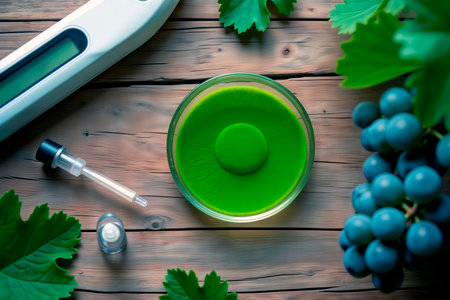 Green powder in petri dish with pipette for food science research on wooden table.の素材