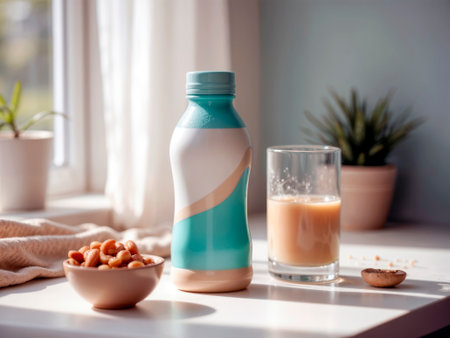 Healthy breakfast smoothie in bottle and glass with cashews on a white table.の素材